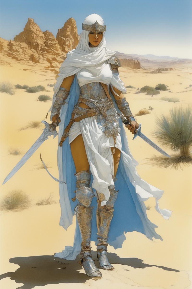 00183-1470416232-John Blanche Style - female desert nomad knight standing and holding a sword, partial steel armor, full bodied, Moorish and Pers.png